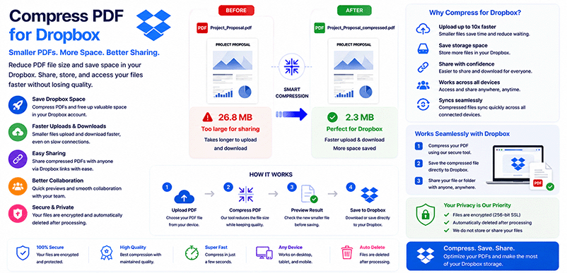 Compress PDF for Dropbox – reduce file size and save storage space with DonePDF