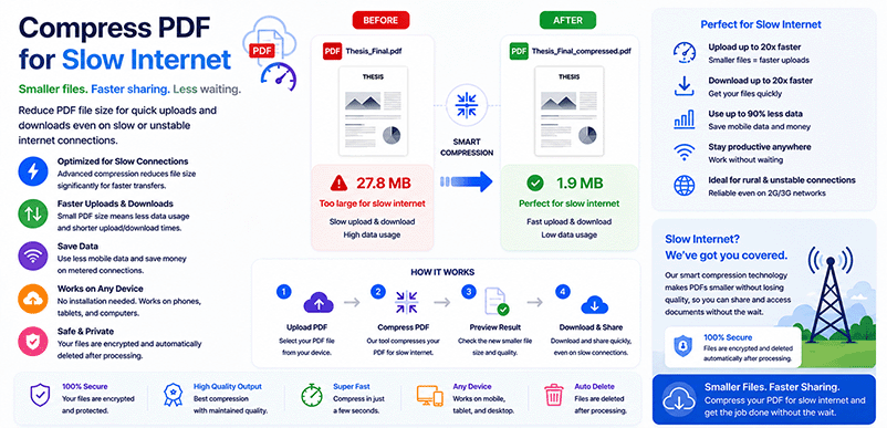 Compress PDF for slow internet – reduce file size for low bandwidth with DonePDF