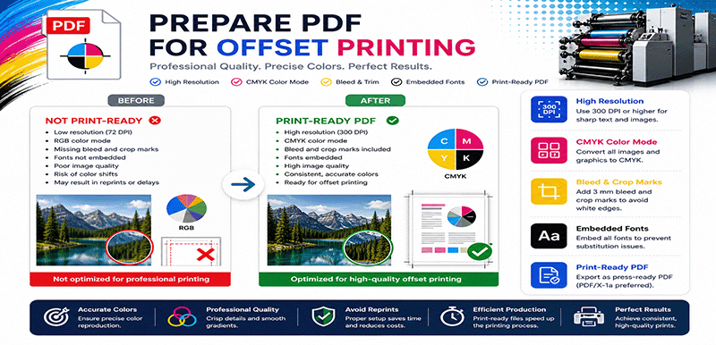 Preparar PDF para impresión offset – alta resolución, CMYK, sangrado, marcas de corte con DonePDF AI