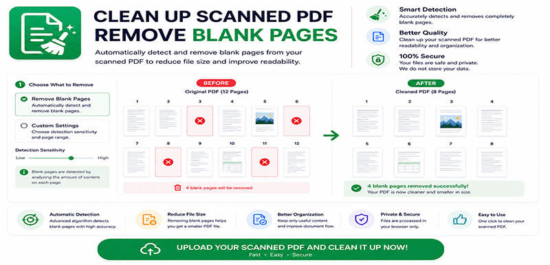 Clean up scanned PDF and remove blank pages online - Professional document cleanup tool