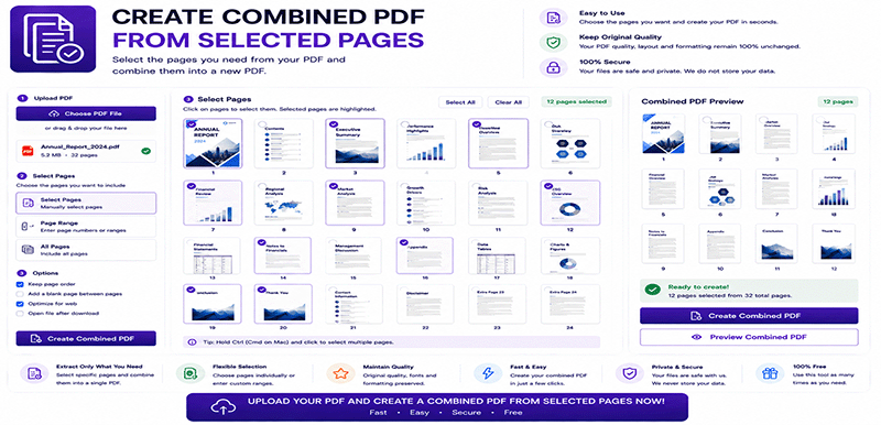Create combined PDF from selected pages online - Extract and merge specific pages from multiple PDFs