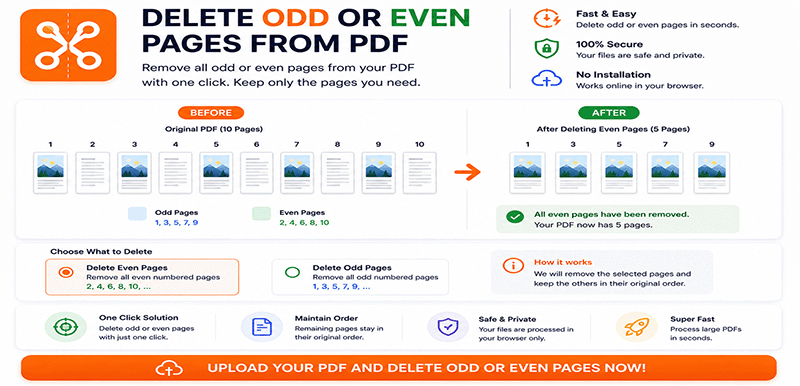 Delete odd or even pages from PDF online - Remove all odd or even numbered pages instantly