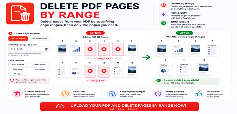 Delete PDF pages by range online - Remove page ranges from PDF documents instantly