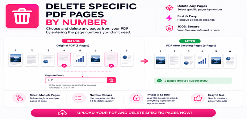 Delete specific PDF pages by number - Remove page 1, 2, or any page range from PDF