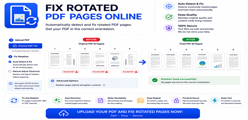 Fix rotated PDF pages online - Correct upside down and sideways PDF pages instantly