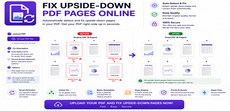 Fix upside down PDF pages online - Rotate inverted pages 180 degrees instantly