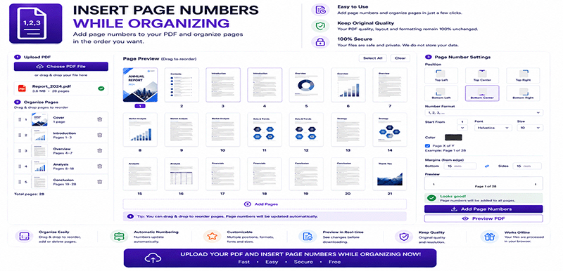Insert page numbers while organizing PDF online - Rearrange pages and add numbering in one workflow