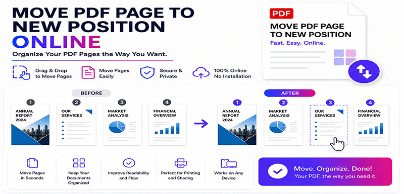 Move PDF page to new position online - Drag and drop to reposition PDF pages
