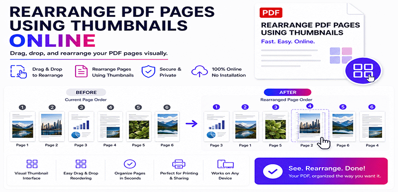 Rearrange PDF pages using thumbnails - Visual drag and drop PDF page organizer