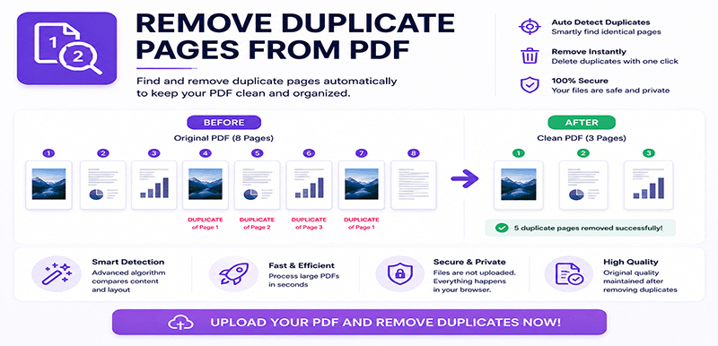 Remove duplicate pages from PDF online - Automatically detect and delete duplicate pages