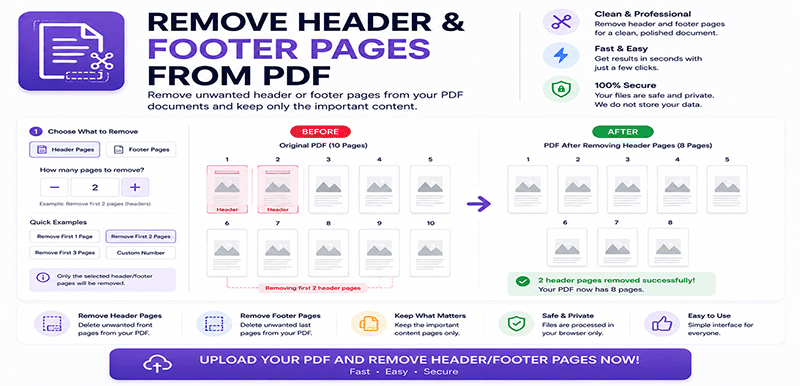 Remove header and footer from PDF pages online - Delete headers, footers, and page numbers