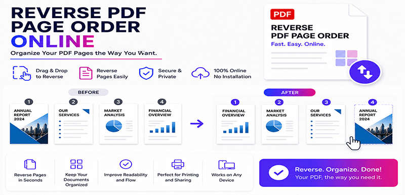 Reverse PDF page order online - Flip PDF pages instantly with one click