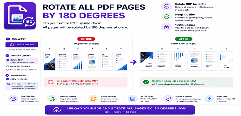 Rotate all PDF pages by 180 degrees online - Flip entire PDF upside down instantly