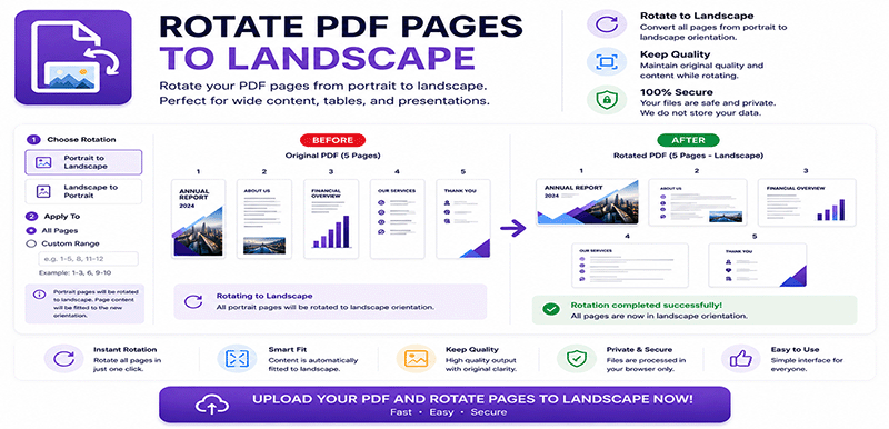 Rotate PDF pages to landscape online - Convert portrait to landscape orientation instantly
