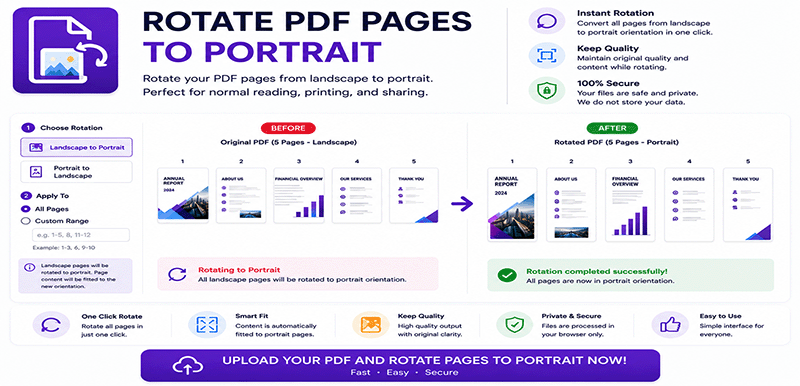 Rotate PDF pages to portrait online - Convert landscape to portrait orientation instantly