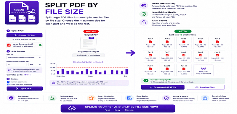 Split PDF by file size online - Divide large PDFs into smaller parts under custom size limits